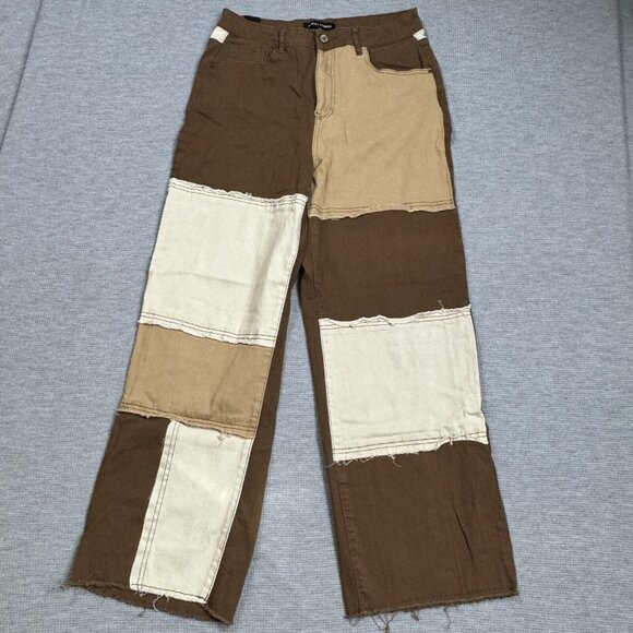 Almost Famous Womens Brown Tan Patchwork Denim Jeans Raw Edge High Rise Size 11 - Picture 1 of 14